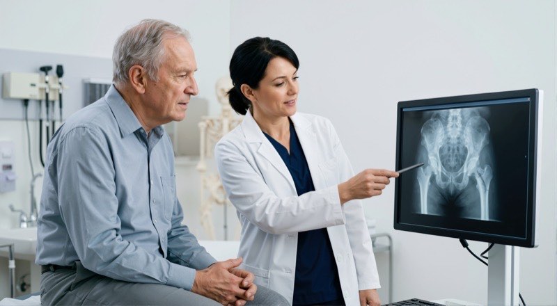 A clinician reviewing a hip X-ray with a patient