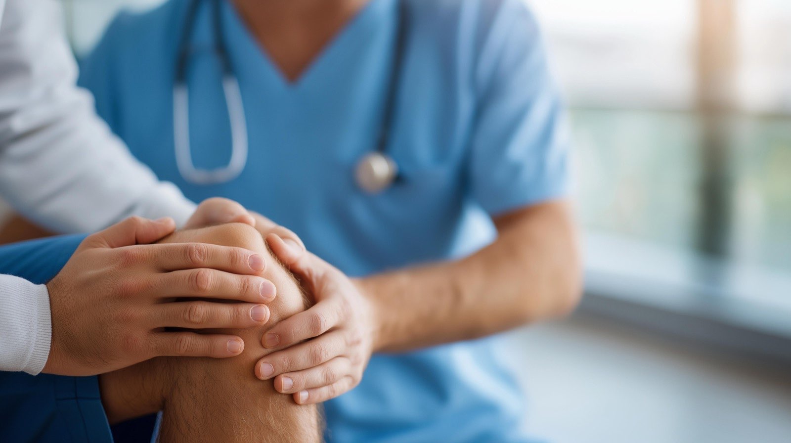A clinician examining a patient's knee in a bright clinic